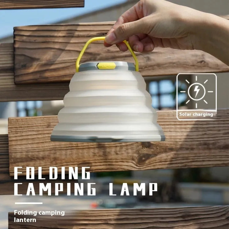 White rechargeable camping lamp with LED lighting and single control button