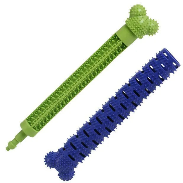 Blue and green silicone dog dental chew stick with textured cleaning surface and nodules for gum massage.