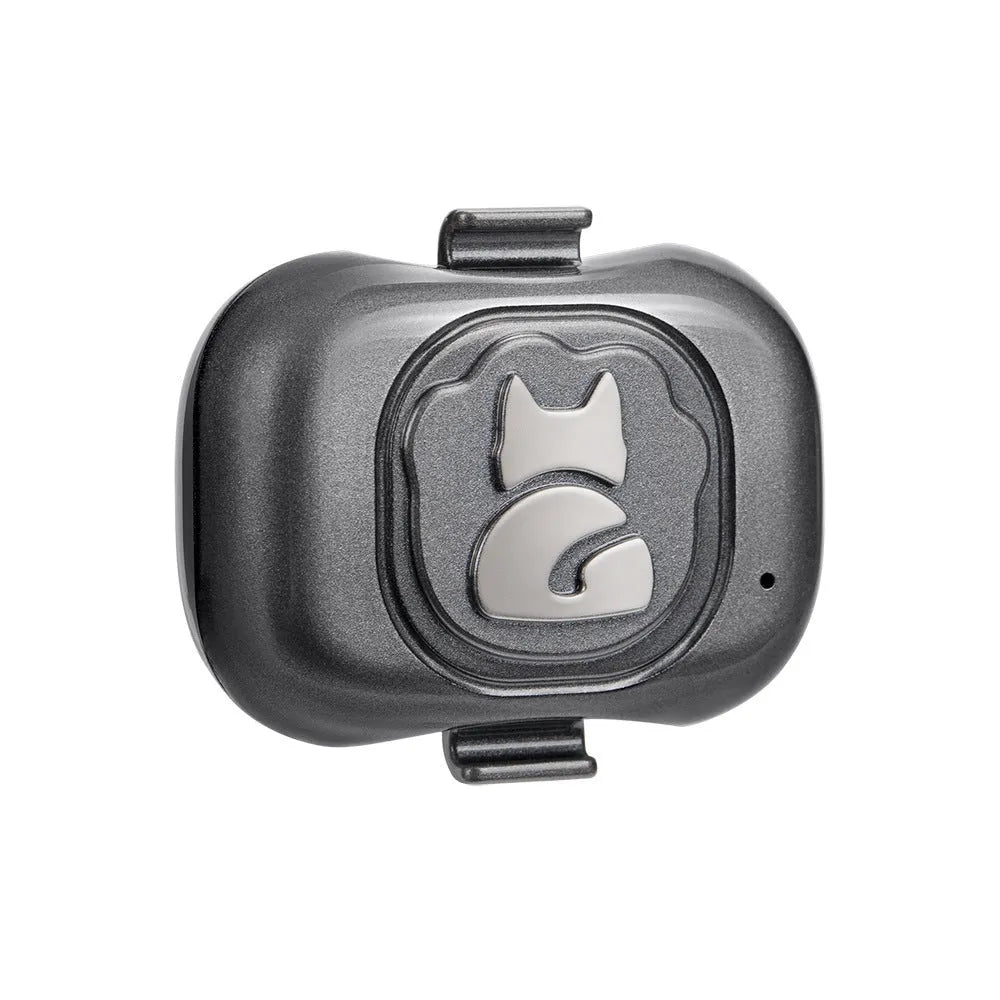 Black pet GPS locator device with hanging rope attachment for dog or cat collar mounting