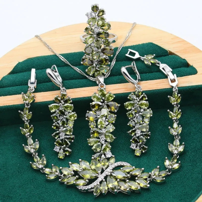 Copper inlaid zircon retro jewellery set with floral pattern including necklace, earrings, ring and bracelet