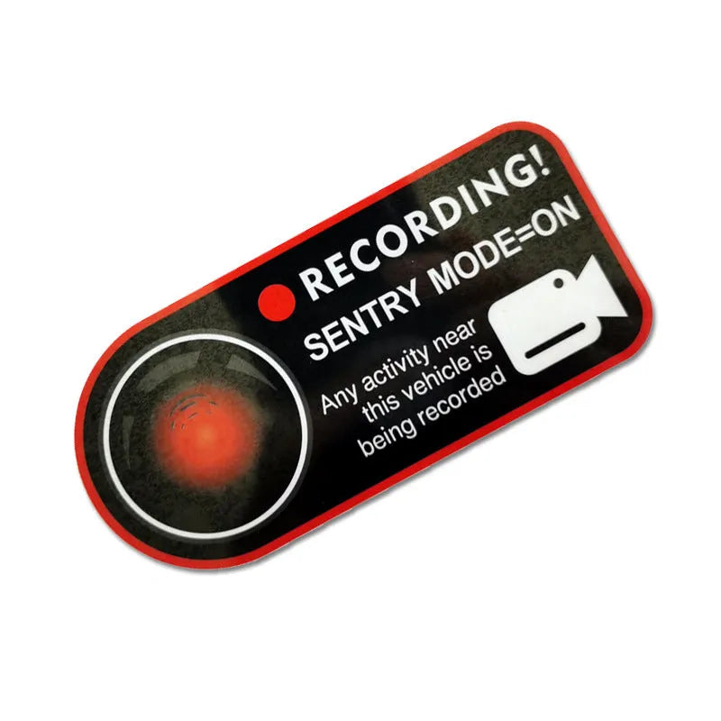 Pair of white electrostatic PVC warning stickers for Tesla car sentry mode, measuring 11 by 5 centimetres.