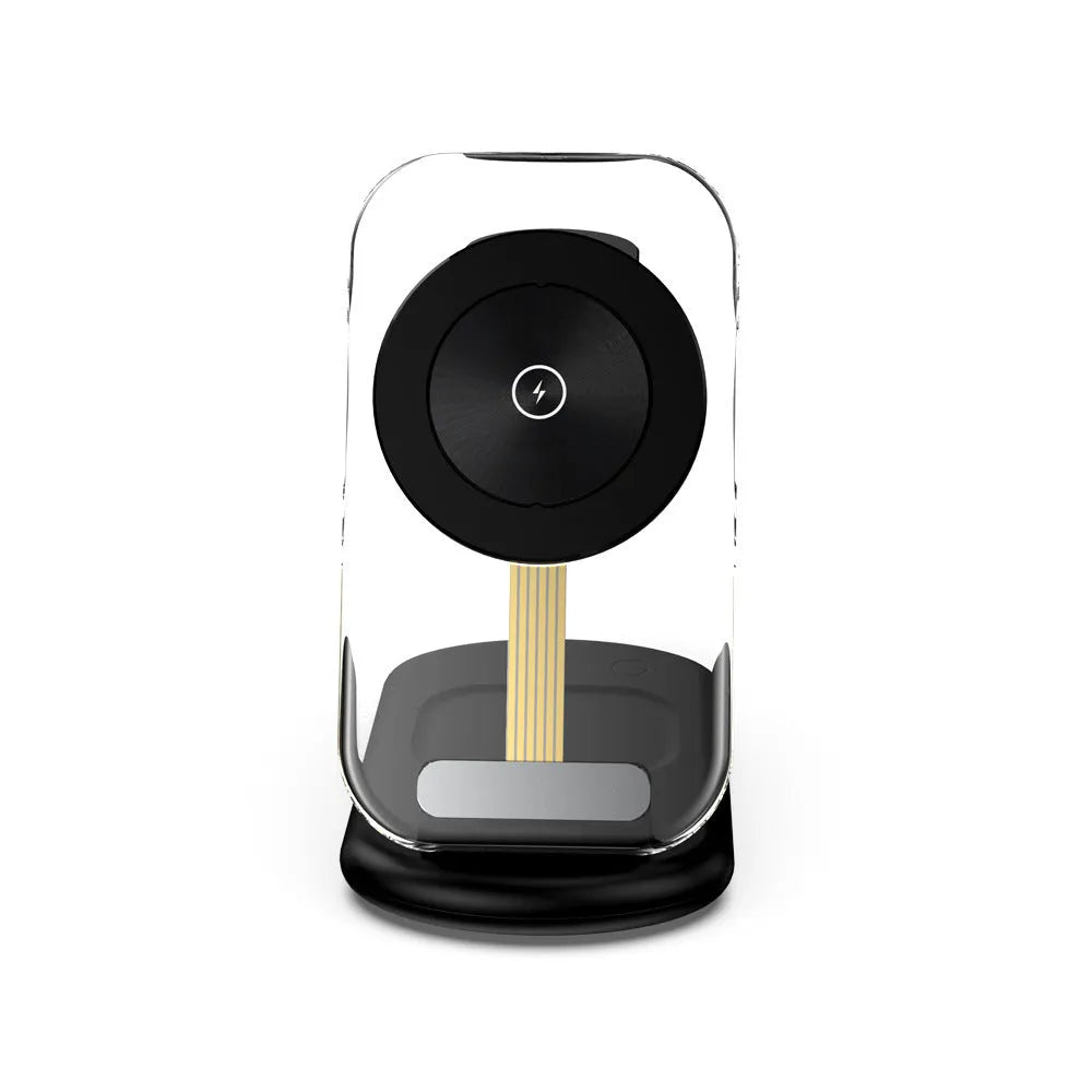 Transparent folding magnetic wireless charger showing black and white colour options with three-device charging capacity