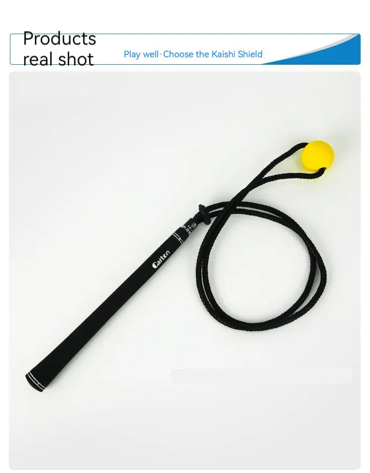 Black silicone elastic golf swing training rope extended to full length