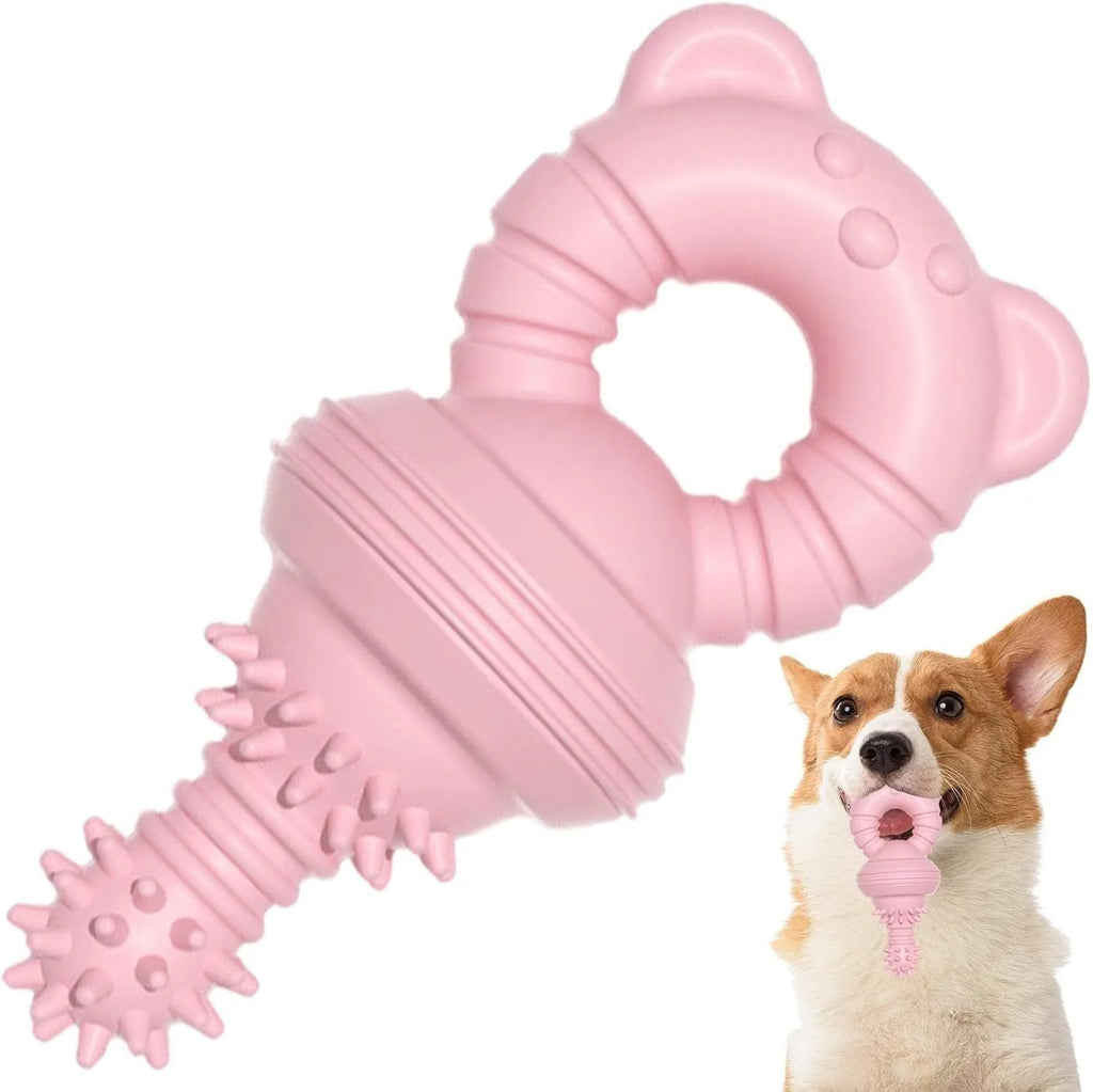 Blue rubber dog chew toy with textured surface for cleaning teeth, shown next to a measuring tape indicating 13.5 cm size.