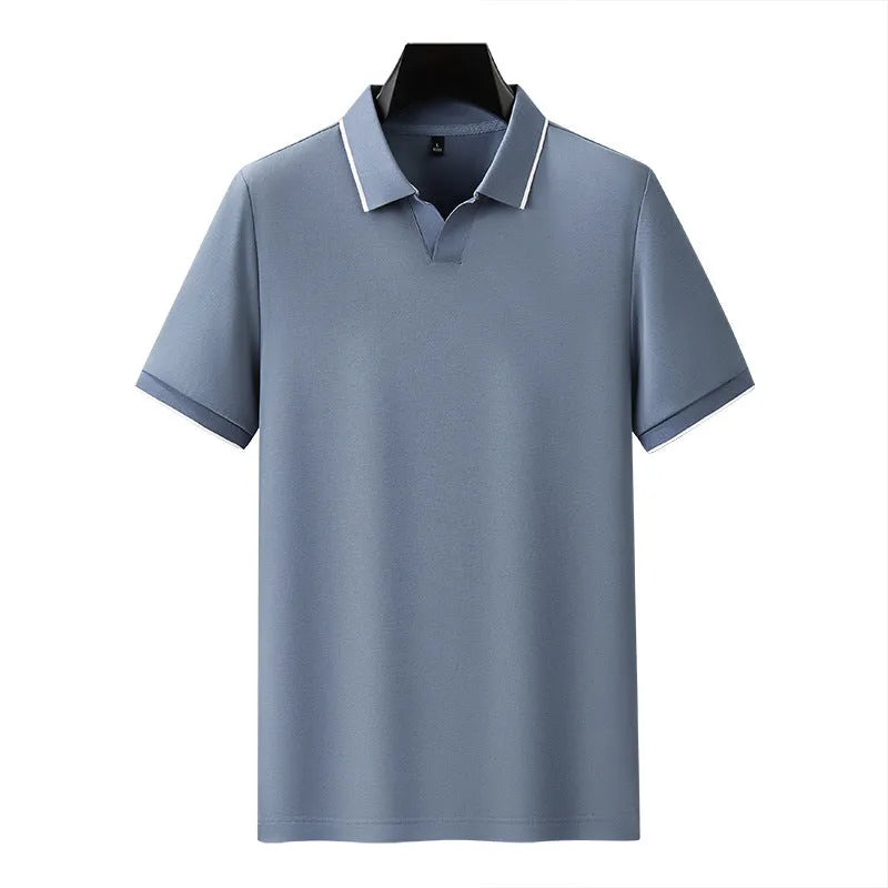 Men's short sleeve lapel collar polo shirt in a mercerised cotton blend fabric.