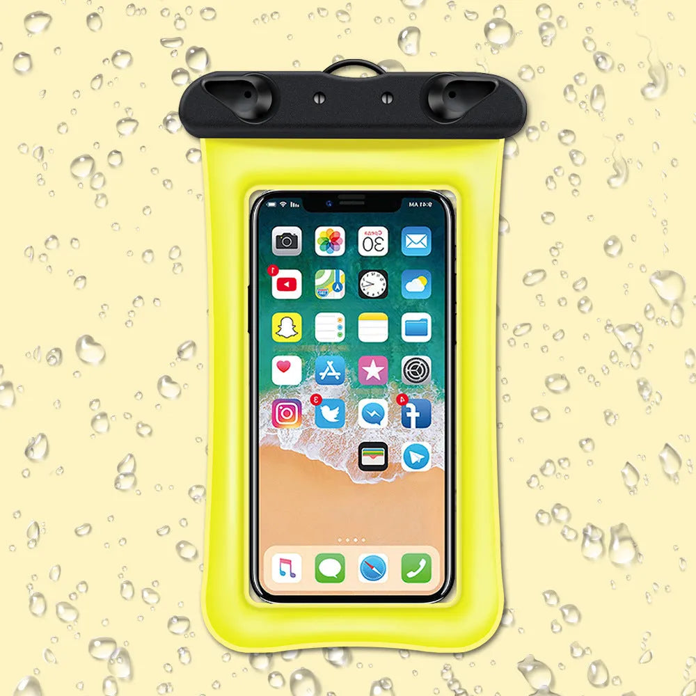 Orange waterproof phone pouch with clear window and black neck rope on a blue background.