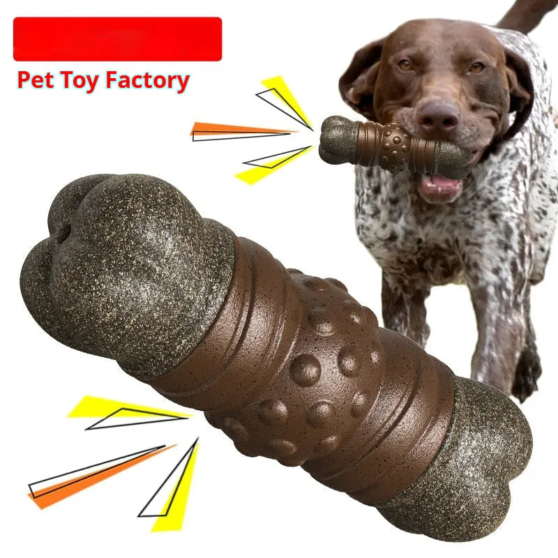 Wood colour plastic bone-shaped dog toy with textured dental cleaning surfaces for chew play and oral care