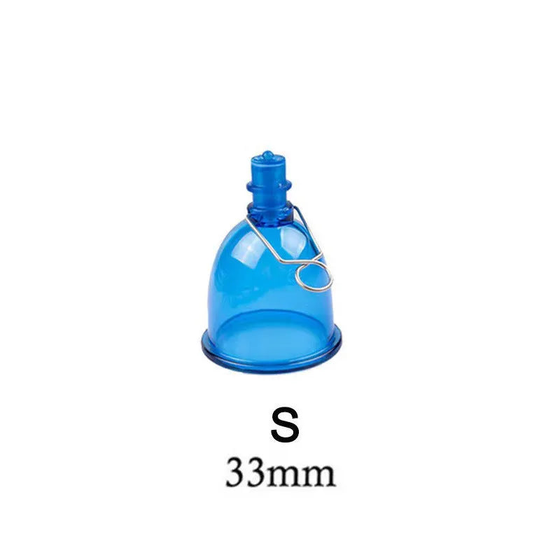 Blue silicone male masturbator shown in small, medium, and large size options
