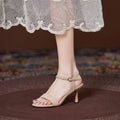 Women's small size suede sandals with 7cm high heel in black, simple strap design
