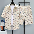 Men's casual two-piece shorts set in polyester, showing short-sleeve top and matching shorts.