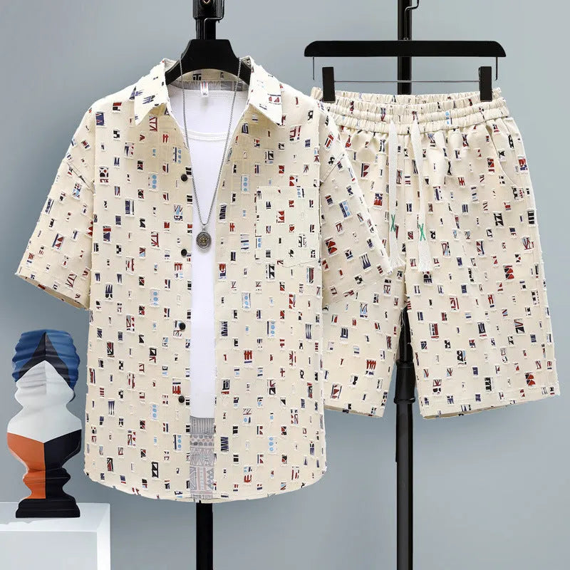 Men's casual two-piece shorts set in polyester, showing short-sleeve top and matching shorts.
