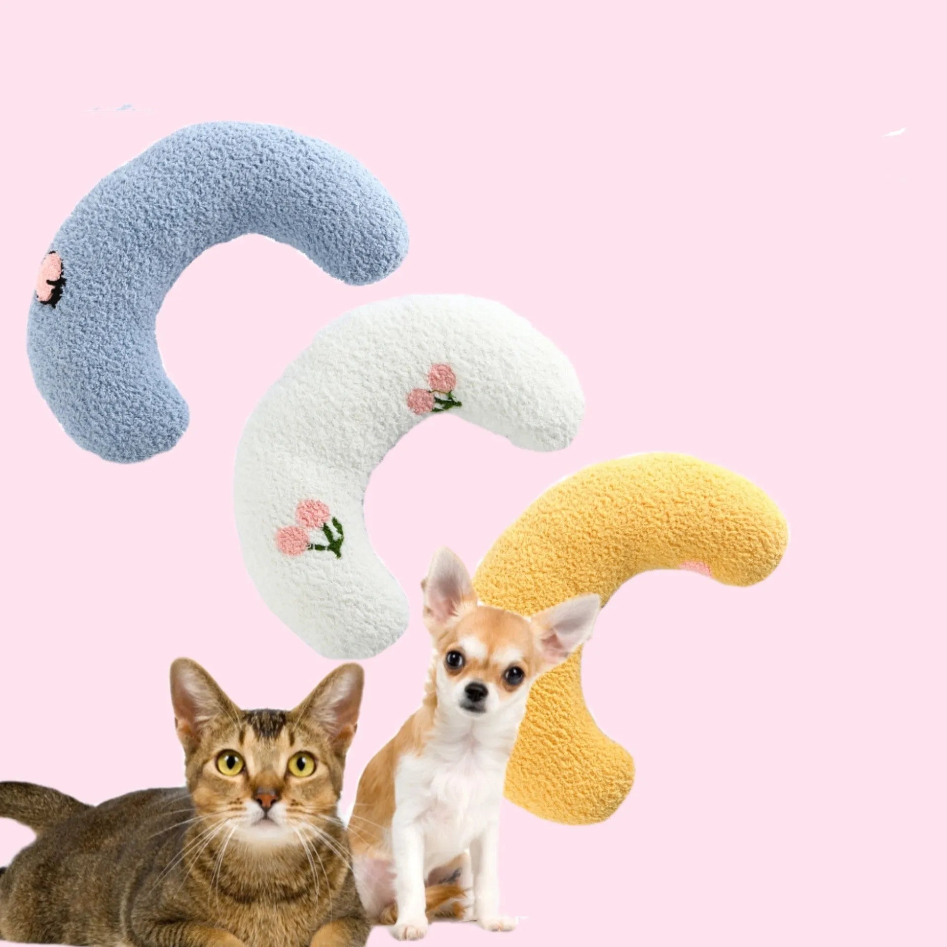 Small white half-donut shaped pet pillow with quilted faux fur for a cat or small dog.