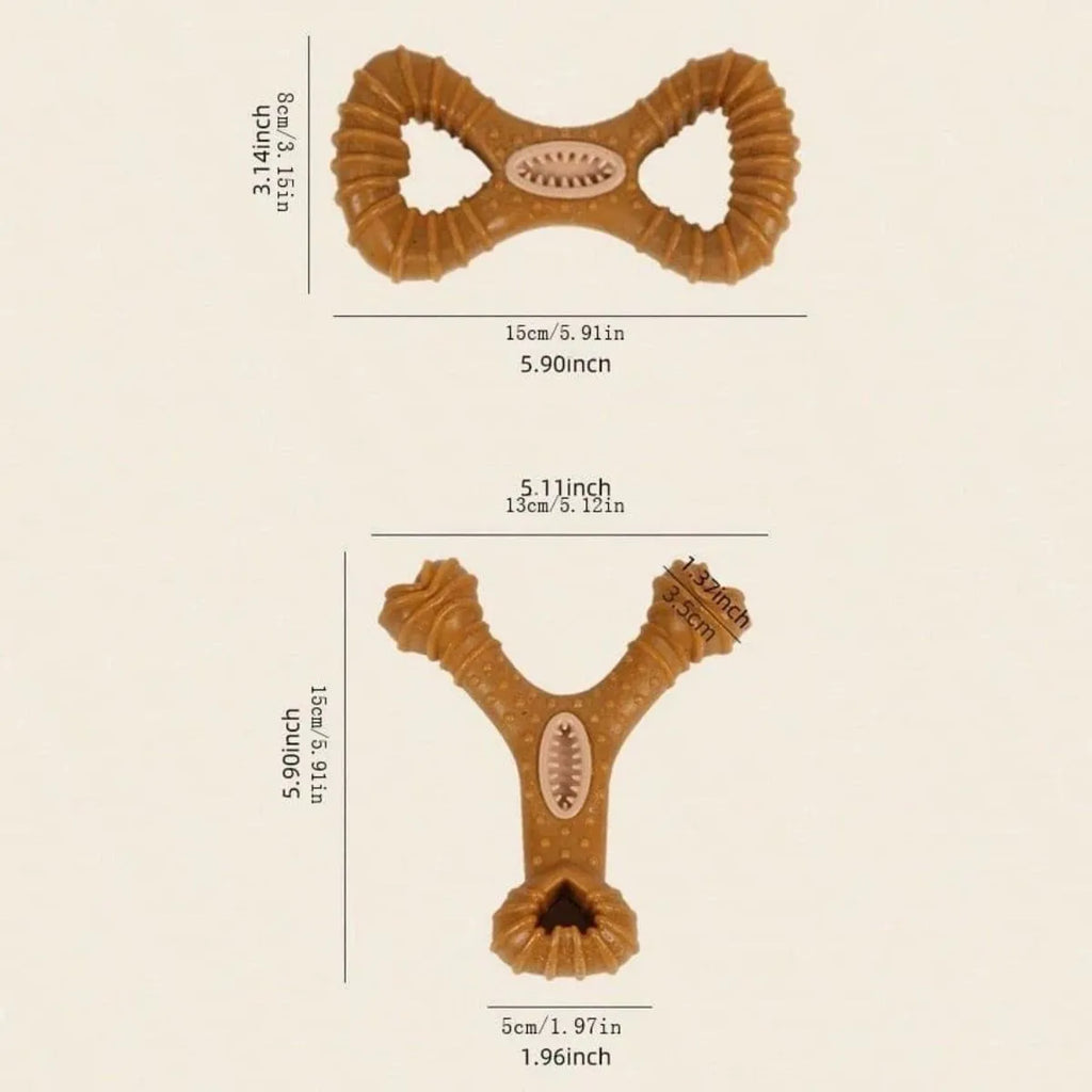 Dog chew toy bone in durable rubber showing 8 shape and Y shape options for teeth cleaning