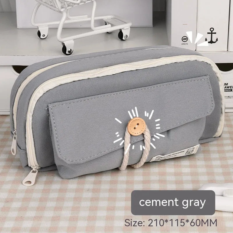 Green canvas pencil case with large capacity for pens in Korean style