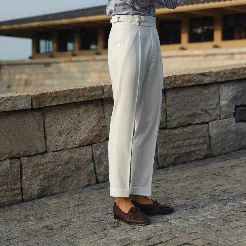 Slim fit straight-leg suit trousers in apricot, black, and white colours