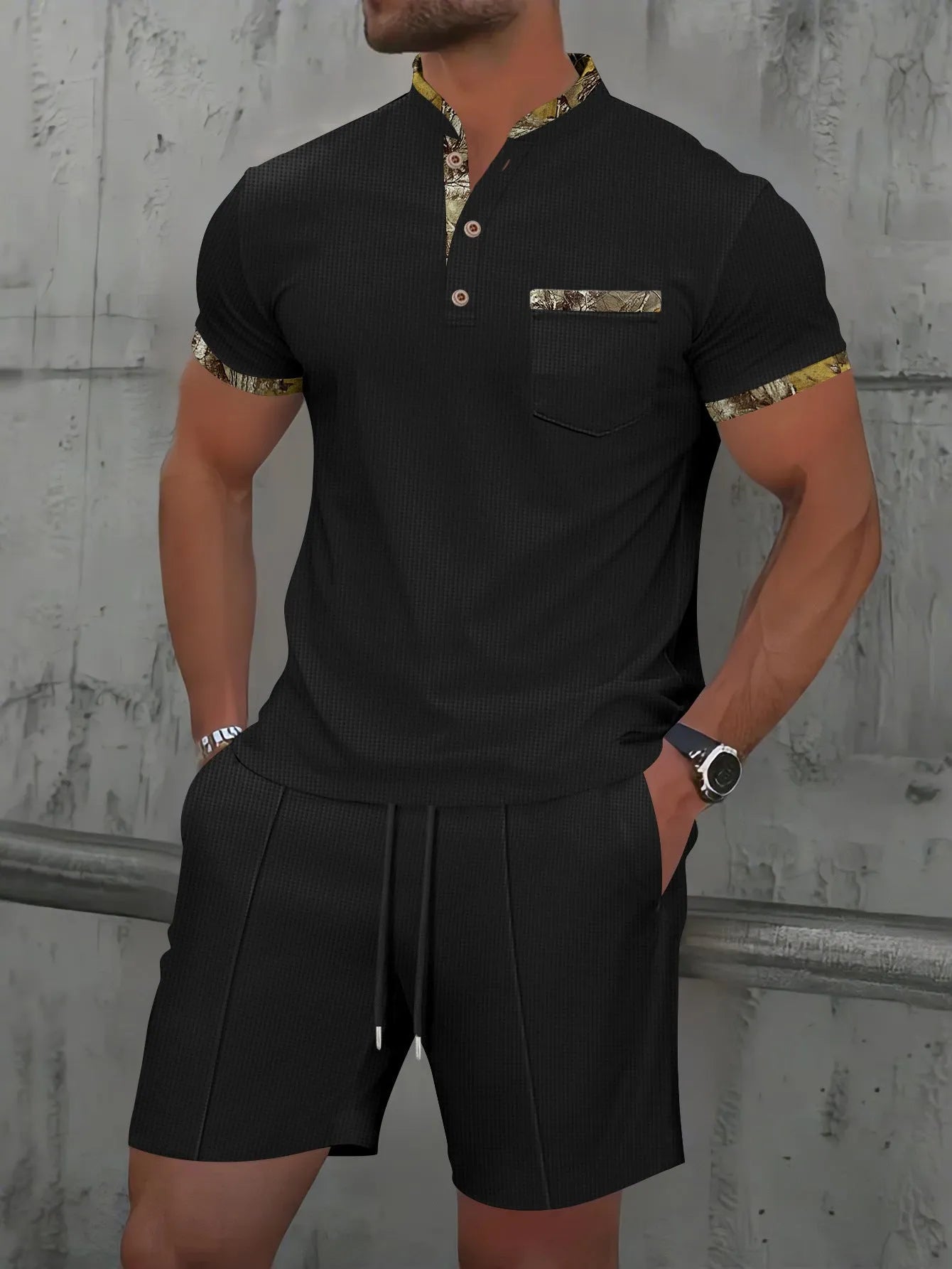 Men's grey cotton blend short sleeve zip-up jacket with matching shorts summer suit