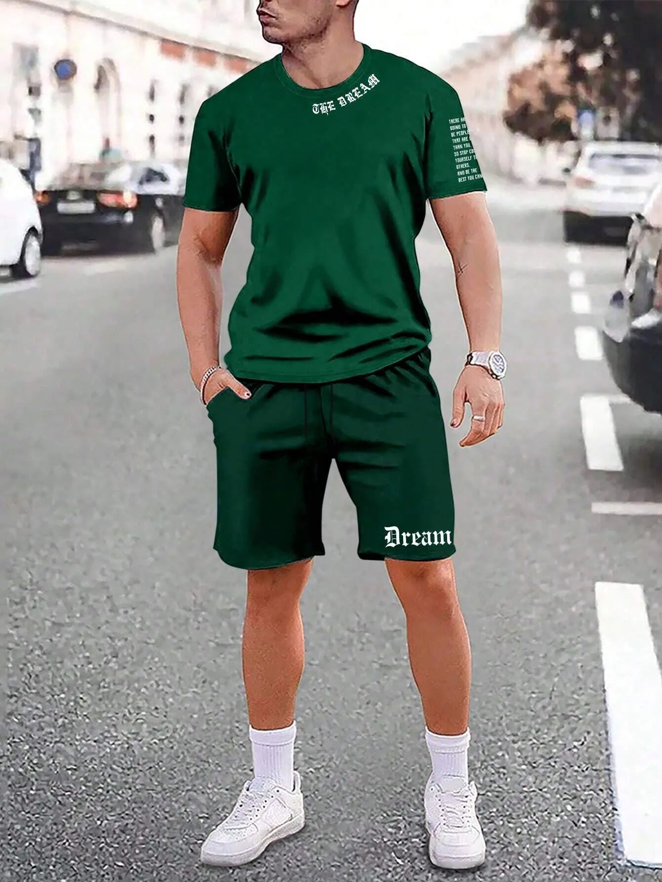 Men's blue short sleeve shirt and matching shorts casual sports outfit