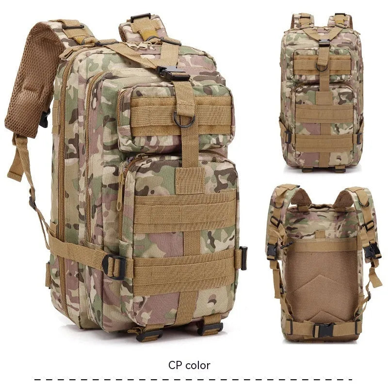 Large khaki coloured off-road hiking backpack with adjustable straps and multiple compartments.
