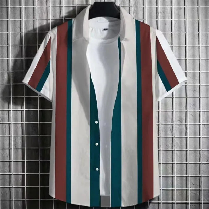 Men's linen short sleeve t-shirt with simple 3D printed striped pattern, shown in one of seven available colours.