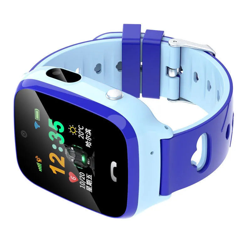 Blue children's smart watch with touch screen on silicone wristband showing phone and GPS functions