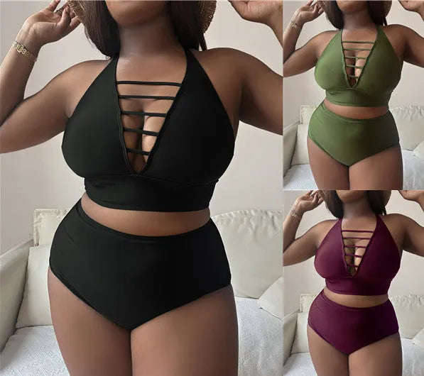Plus size black halter bikini with adjustable cross straps and high waist briefs