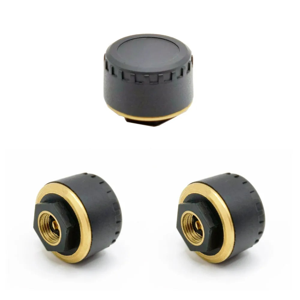 Four black Bluetooth tyre pressure sensors for mobile phone display with IP67 waterproof rating