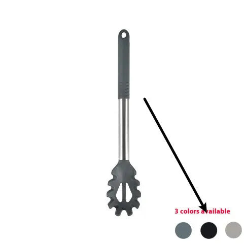 Black silicone 12-piece kitchen utensil set with rotating storage bucket including ladle, spatula, and food clip.