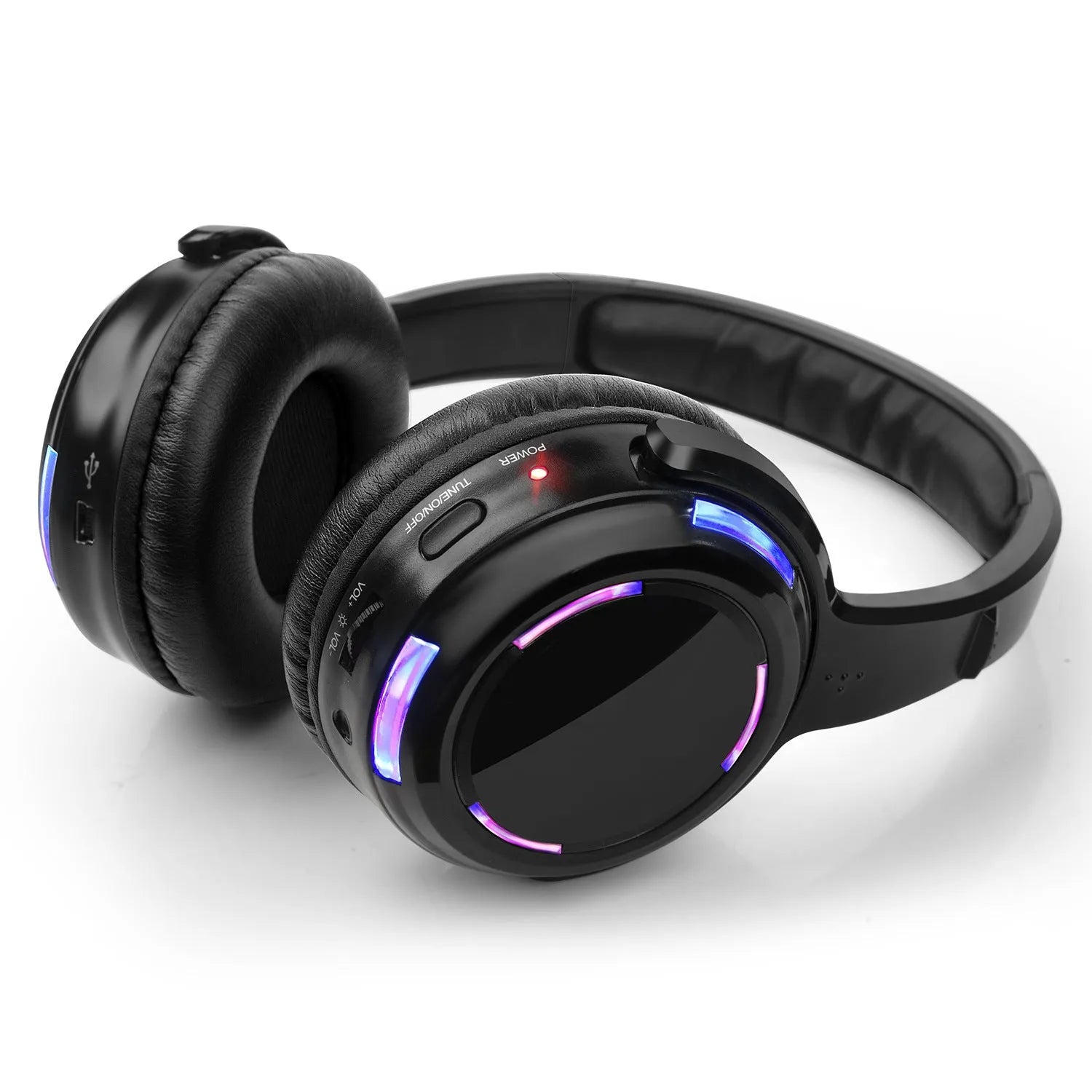 Black silent disco wireless headphones with over-ear design, 40mm speakers, and a 3-metre cable ending in a 3.5mm audio plug.