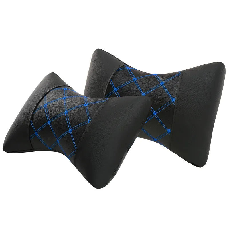 Black quilted artificial leather car headrest neck pillow with diamond pattern for cervical support.