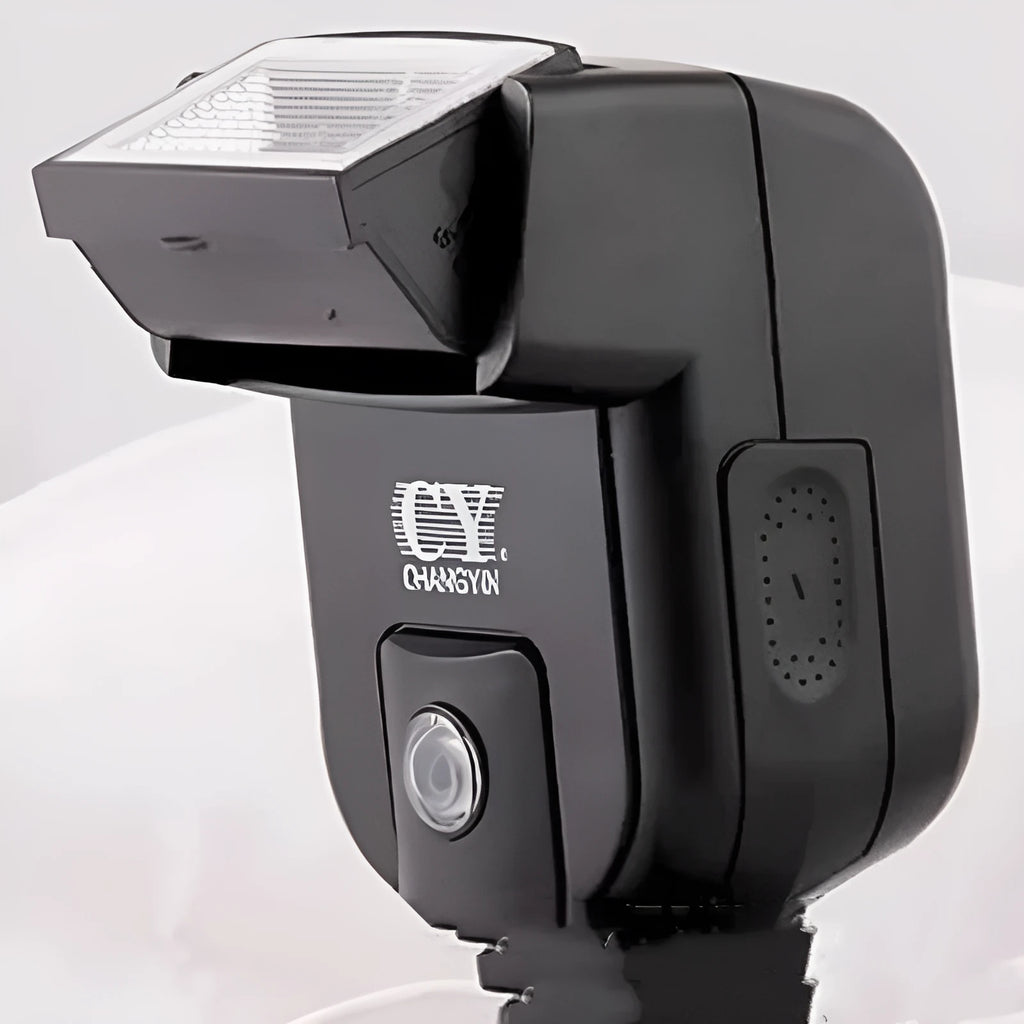 Compact SLR camera flash accessory with 90-degree tilt capability showing front view and side dimensions