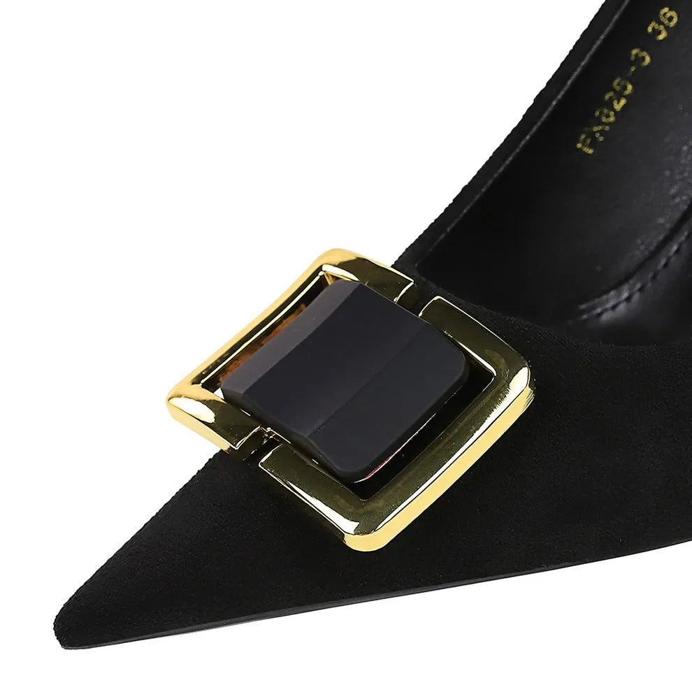 Black women's suede stiletto high heels with a 9cm heel and pointed toe.