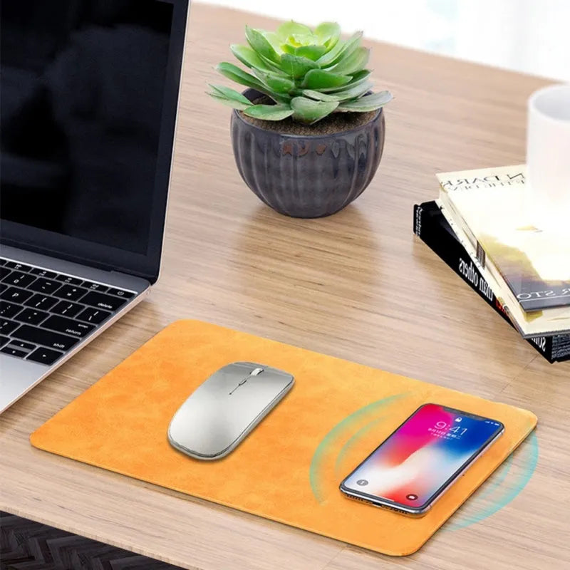 Brown leather wireless charging mouse pad with micro USB cable for Qi device charging
