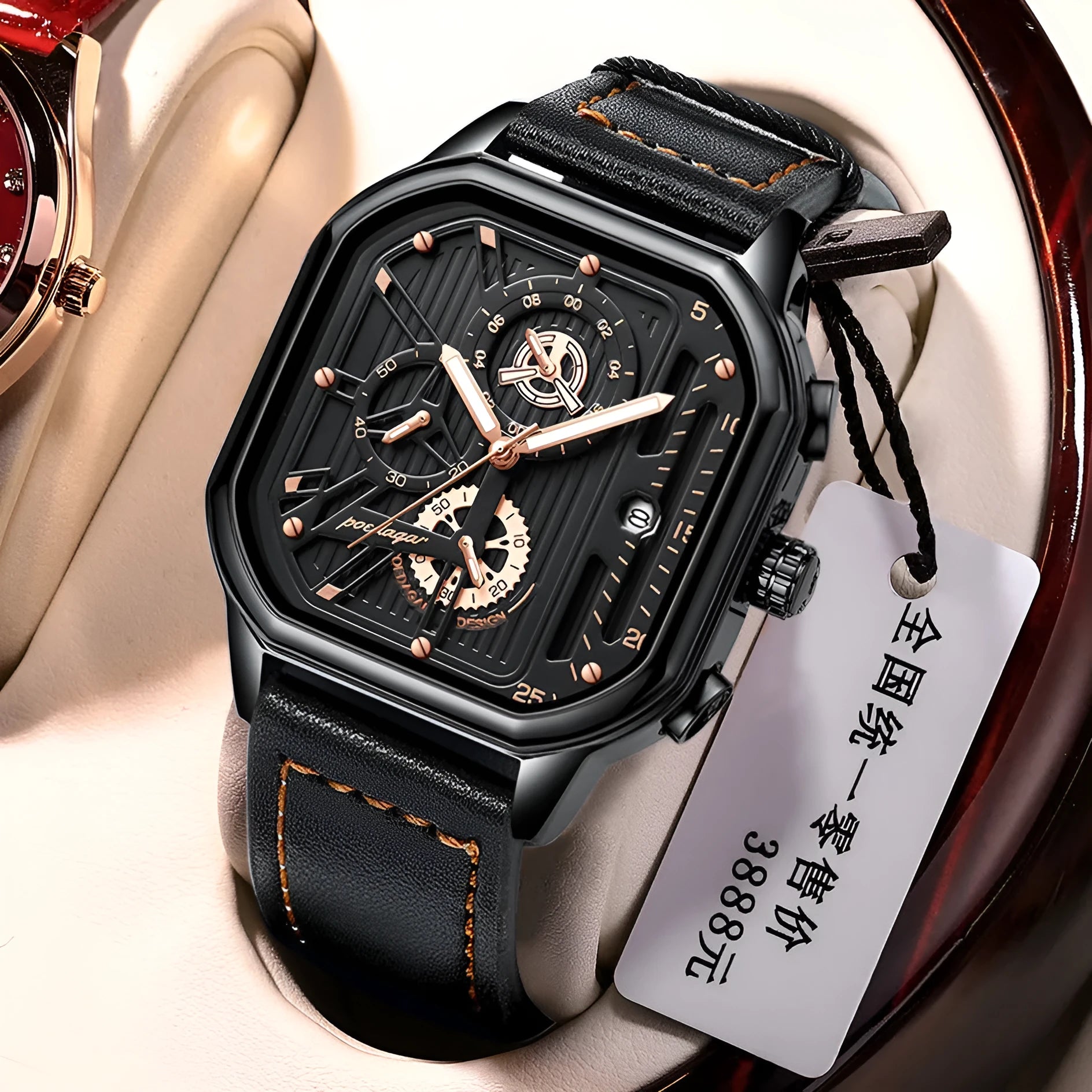 Men's black and gold quartz sports watch with belt-style strap and 8mm metal case.