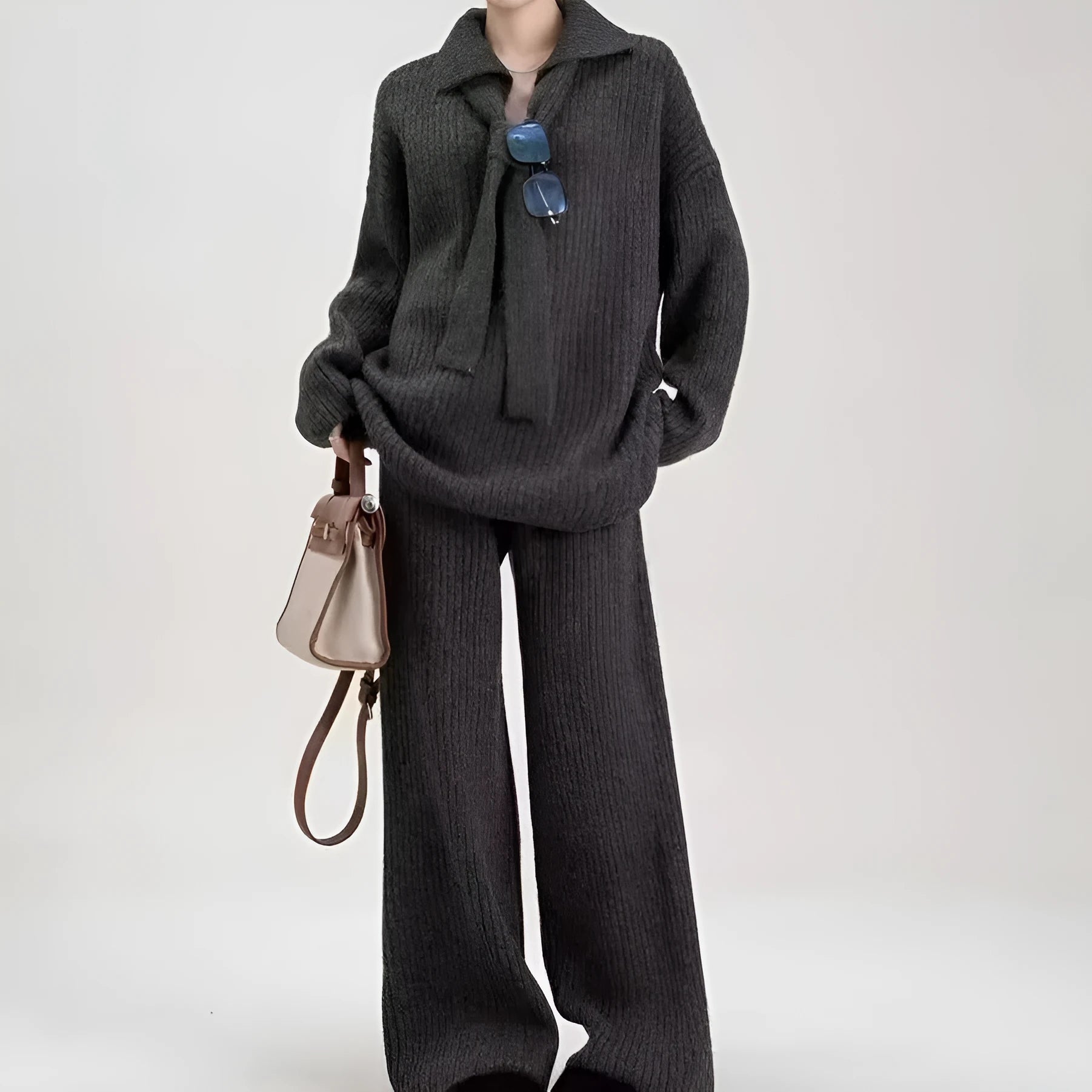 Sweater suit two-piece set featuring knit top and casual trousers in imitation cashmere fabric