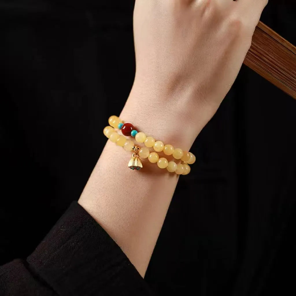 Yellow jade handmade double ring bracelet for women, retro topaz lotus seedpod design, 8mm and 6mm beads, hand-woven