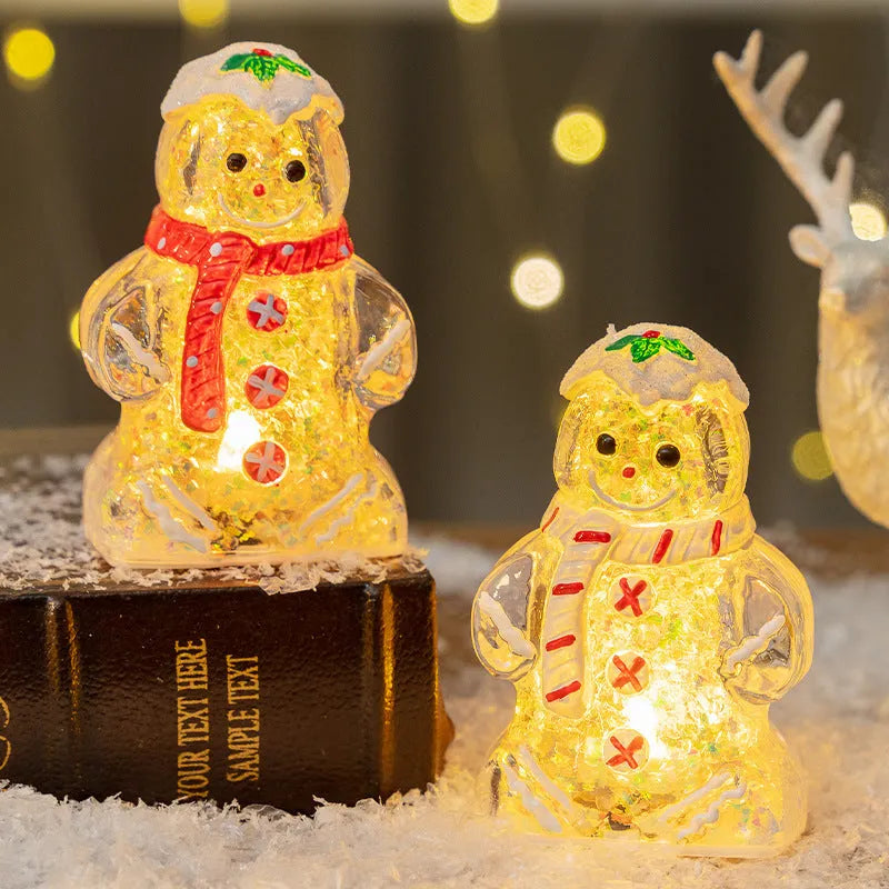 Set of four glowing Christmas gingerbread man and snowman ornaments with different coloured scarves on a festive background.