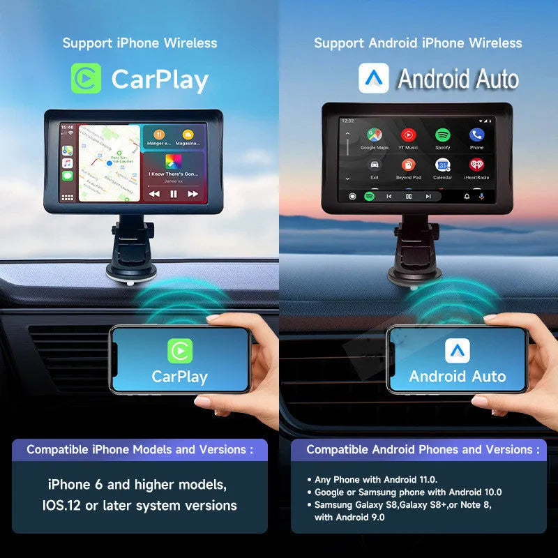 7 inch portable car smart screen with wireless CarPlay on retractable bracket mounted to vehicle windscreen