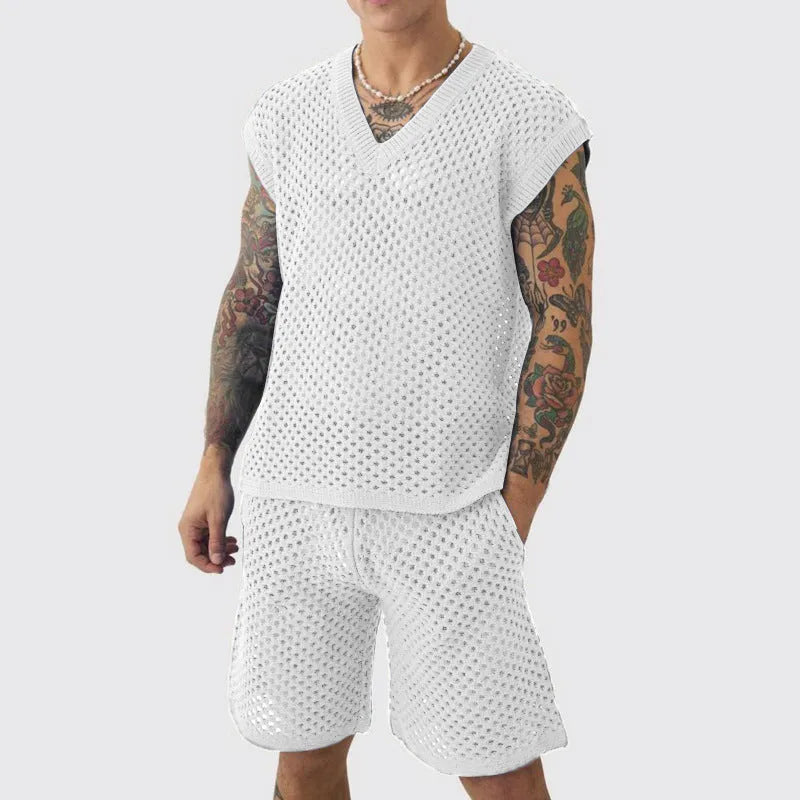 Men's sleeveless V-neck vest and shorts set in blue, black, white or khaki for summer sports