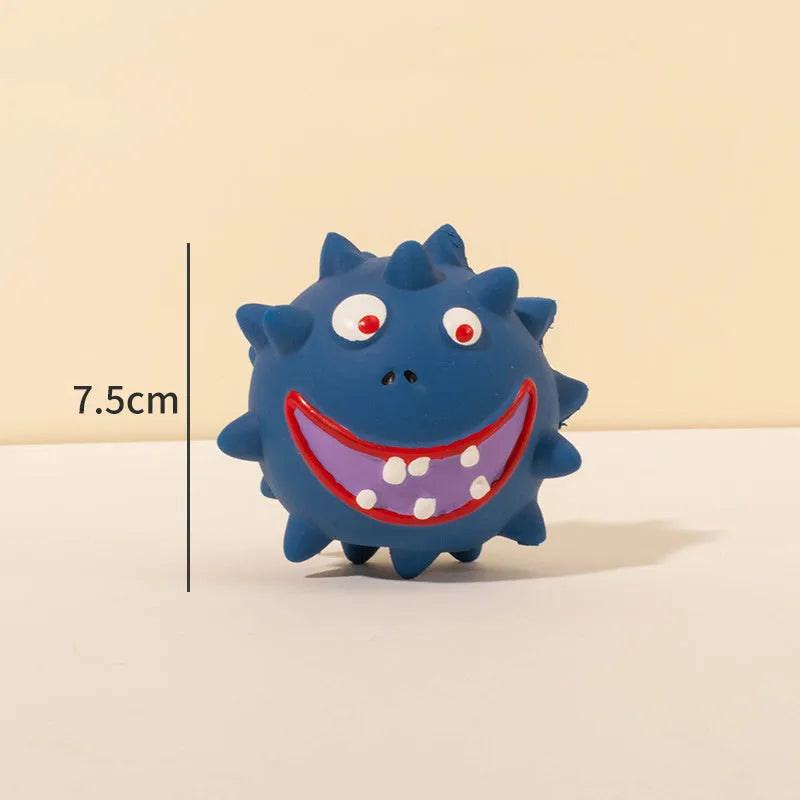 Four coloured squeaky dog balls with cute faces, made from natural latex rubber for safe chewing