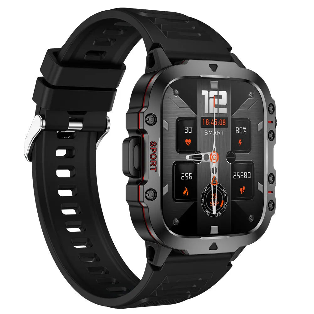 QX11 smart Bluetooth watch in black with TFT screen showing heart rate data on a leather strap.