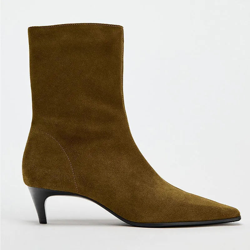 Brown square toe ankle boots with side zipper and kitten heel on waterproof platform
