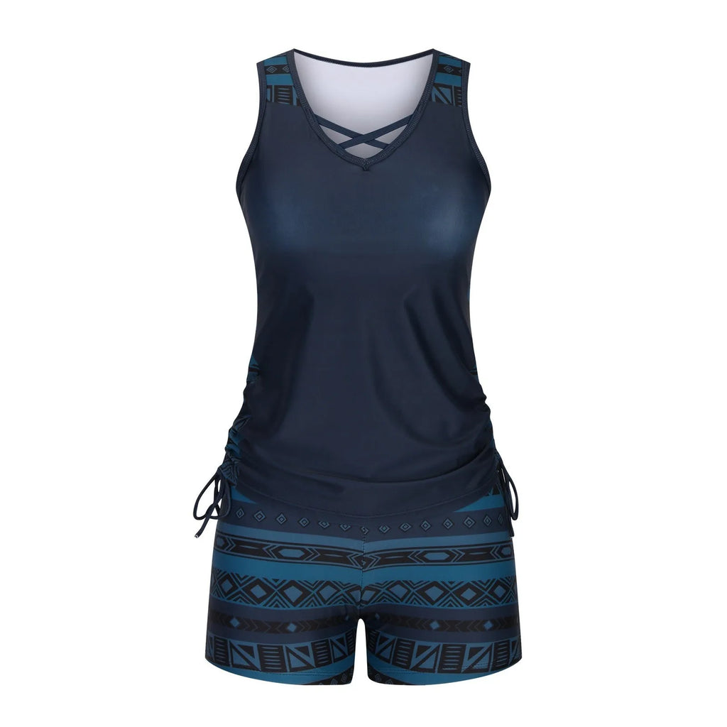 Women's printed lace two-piece swimsuit in blue, green, and navy blue colour options