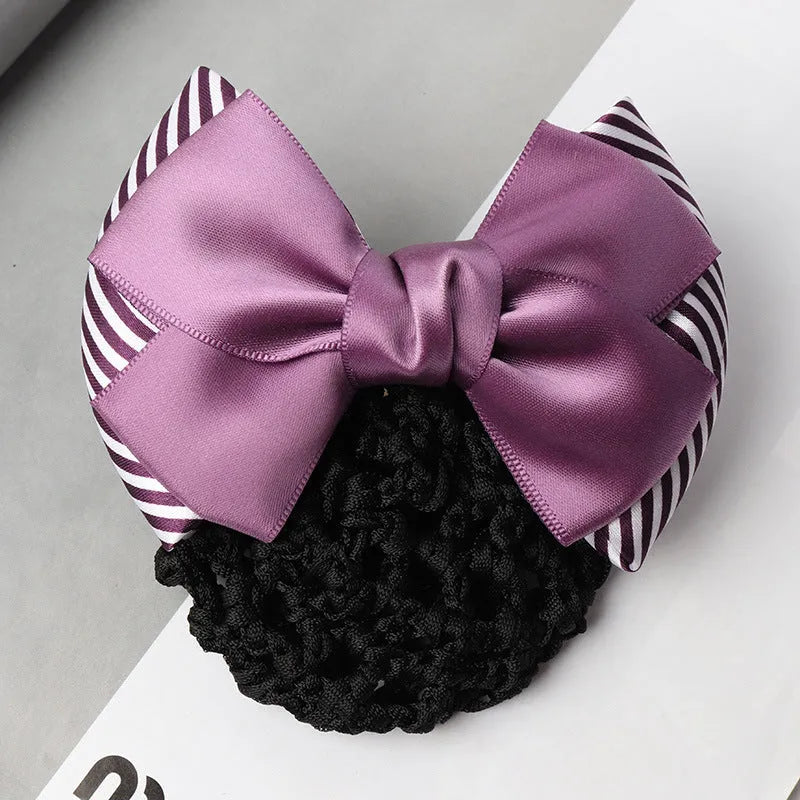 Professional waitress hair net with double bow clip in various colours including black, red, and blue mesh