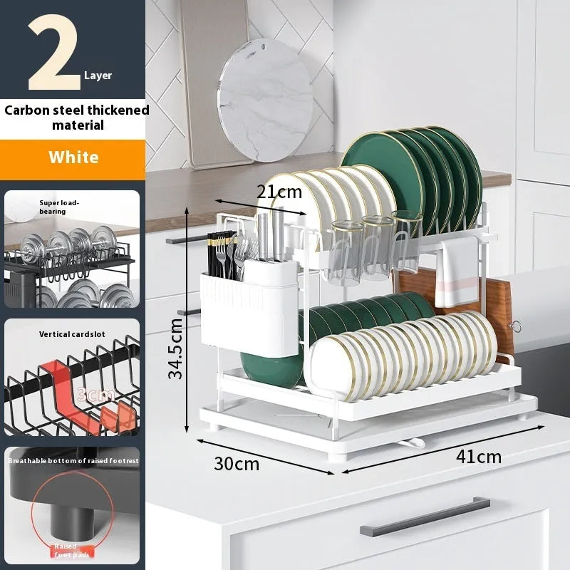 White and black double-layer kitchen storage rack with removable draining section for utensils.