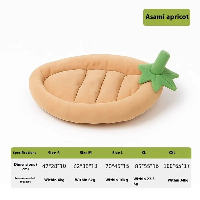 Removable washable cloth dog bed mat in brown, shown next to size labels S, M, L, XL, XXL.