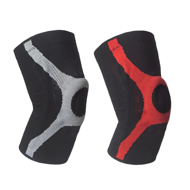 Red and grey knitted sports kneecaps with silicone grip panels for running and climbing activities
