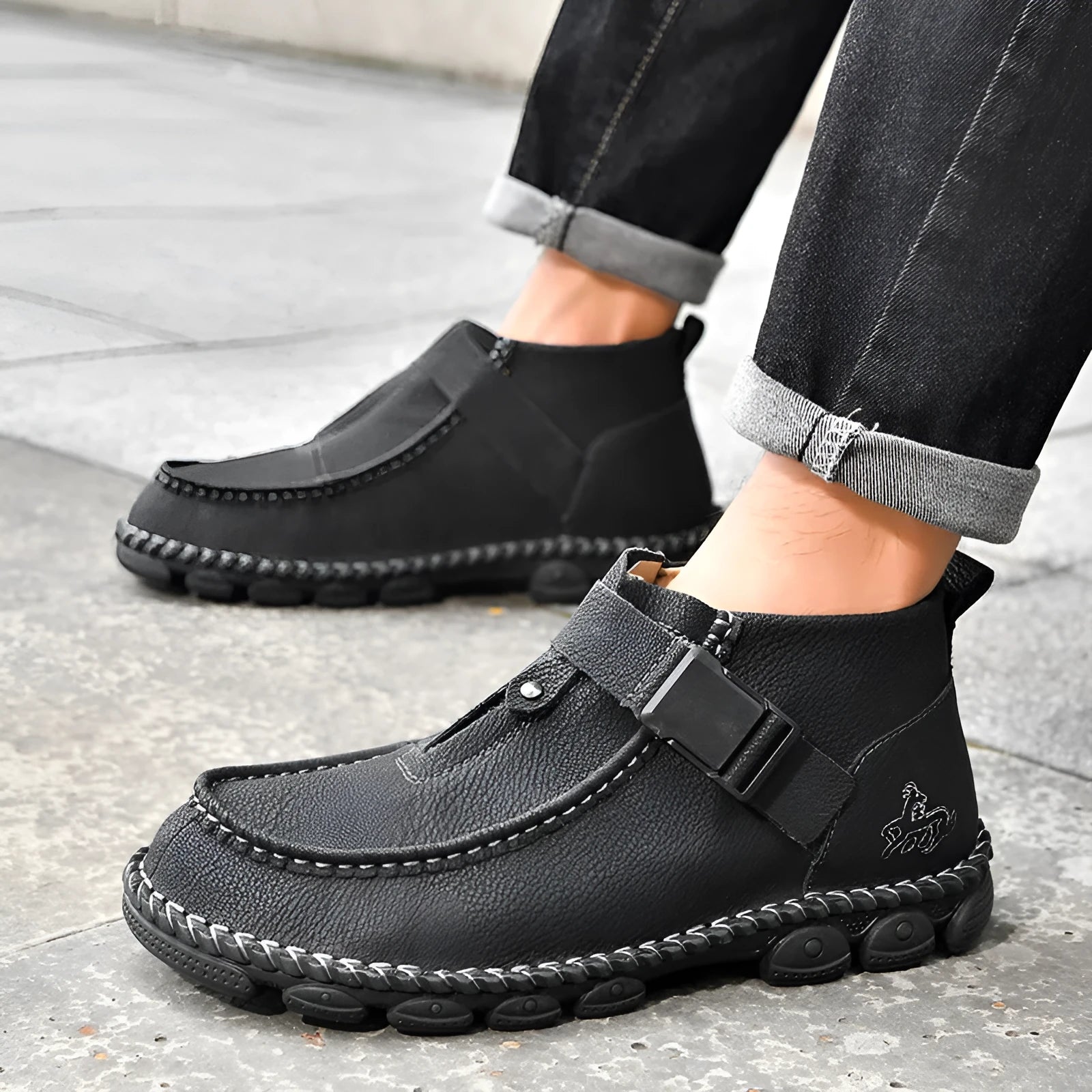 Handmade casual slip-on shoes in black, brown, or green with a flat heel and stitched sole.