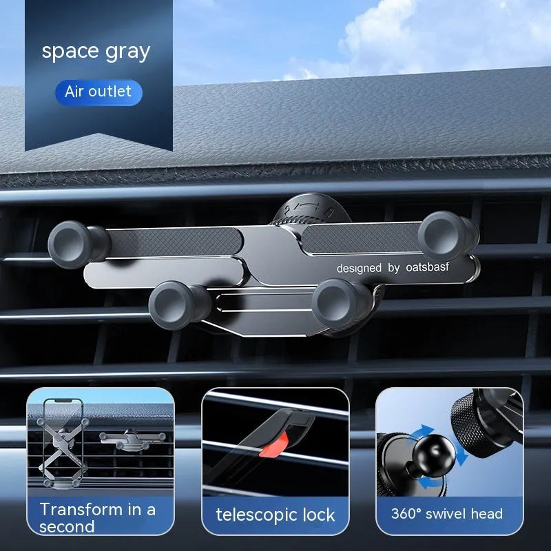 Invisible aluminum alloy car mobile phone holder showing knob air vent clip and adhesive paste mounting options.