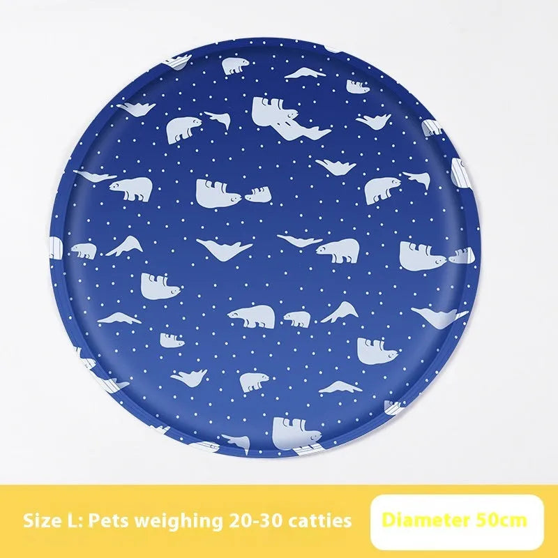 Round gel cooling mat for dogs in blue paw print cartoon design on a beige background