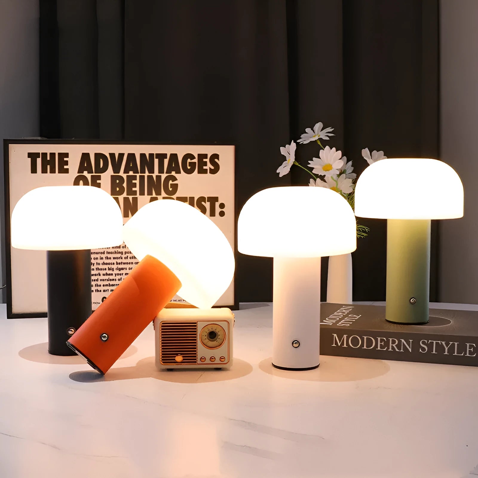 A USB-powered decorative table lamp in a choice of white, black, orange, or green colours.
